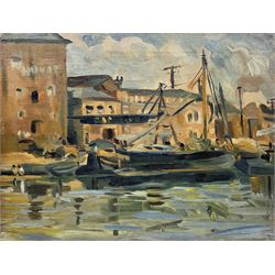 Muriel Metcalfe (British 1910-1994): Loading Boats at the Hovis Factory, oil on canvas, possible remains of signature l.r., attributed verso 30cm x 40cm (unframed)