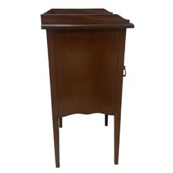 Edwardian inlaid mahogany pot cupboard, raised three-quarter gallery back, panelled door with fan inlay enclosing single shelf