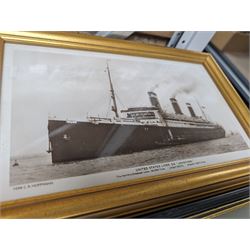 Two framed German shipping prints, together with a framed black and white postcard of United States Lines S.S. Leviathan