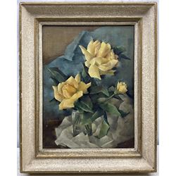 Ellen Soar (Mid 20th century): 'Yellow Roses' still life in the Cubist style, oil on canvas signed, titled verso with artist's address '77 Downs Hill, Beckenham, Kent' 39cm x 29cm
Provenance: exh. Society of Women Artists at The Royal Institute, Piccadilly (1948-1969)