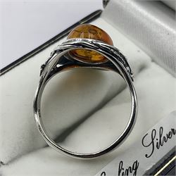 Silver Baltic amber ring, stamped 925 and boxed 