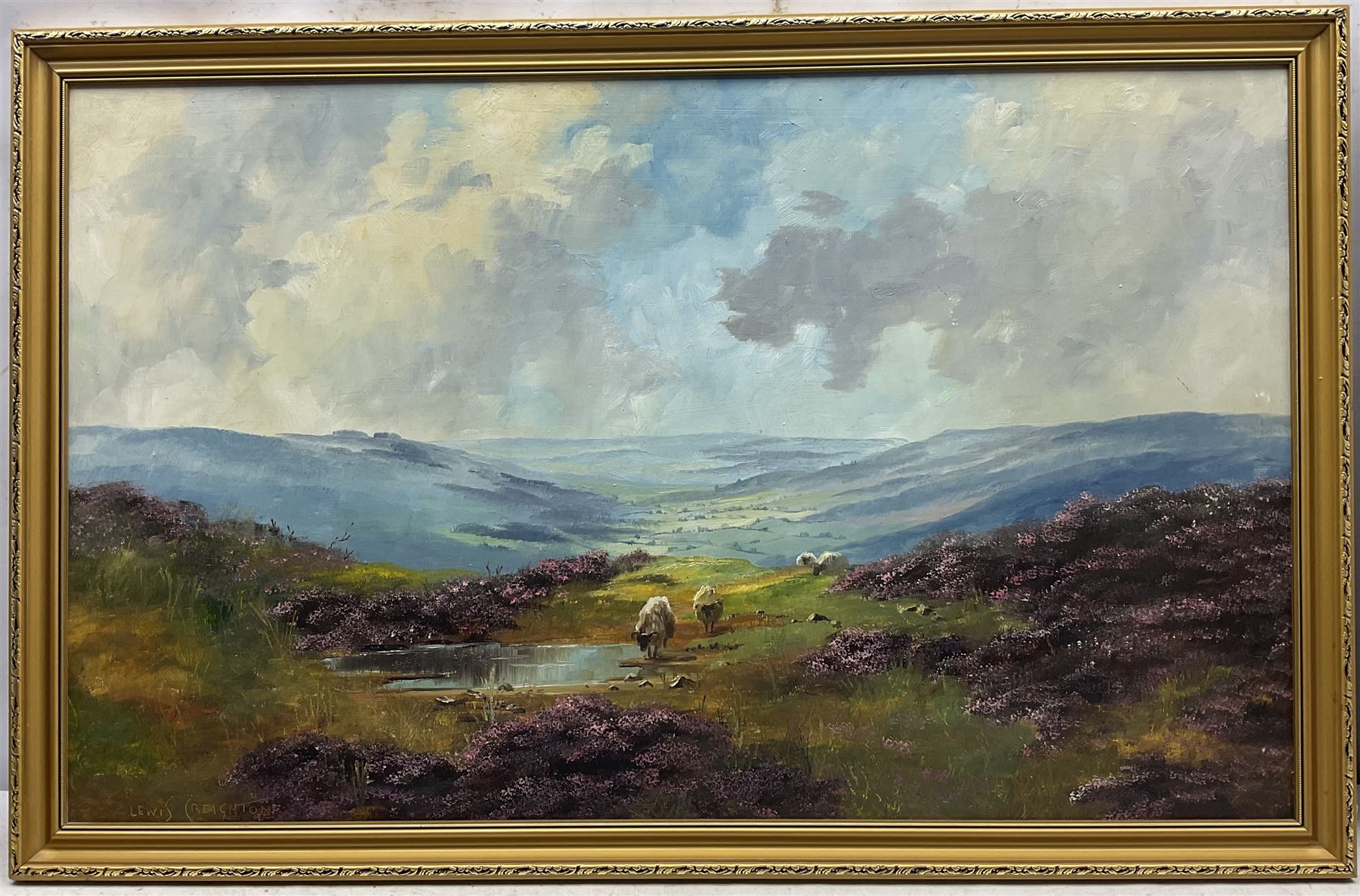 Lewis Creighton (British 1918-1996): Rams in a Heather Moorland Landscape, oil on board signed 52cm x 85cm 