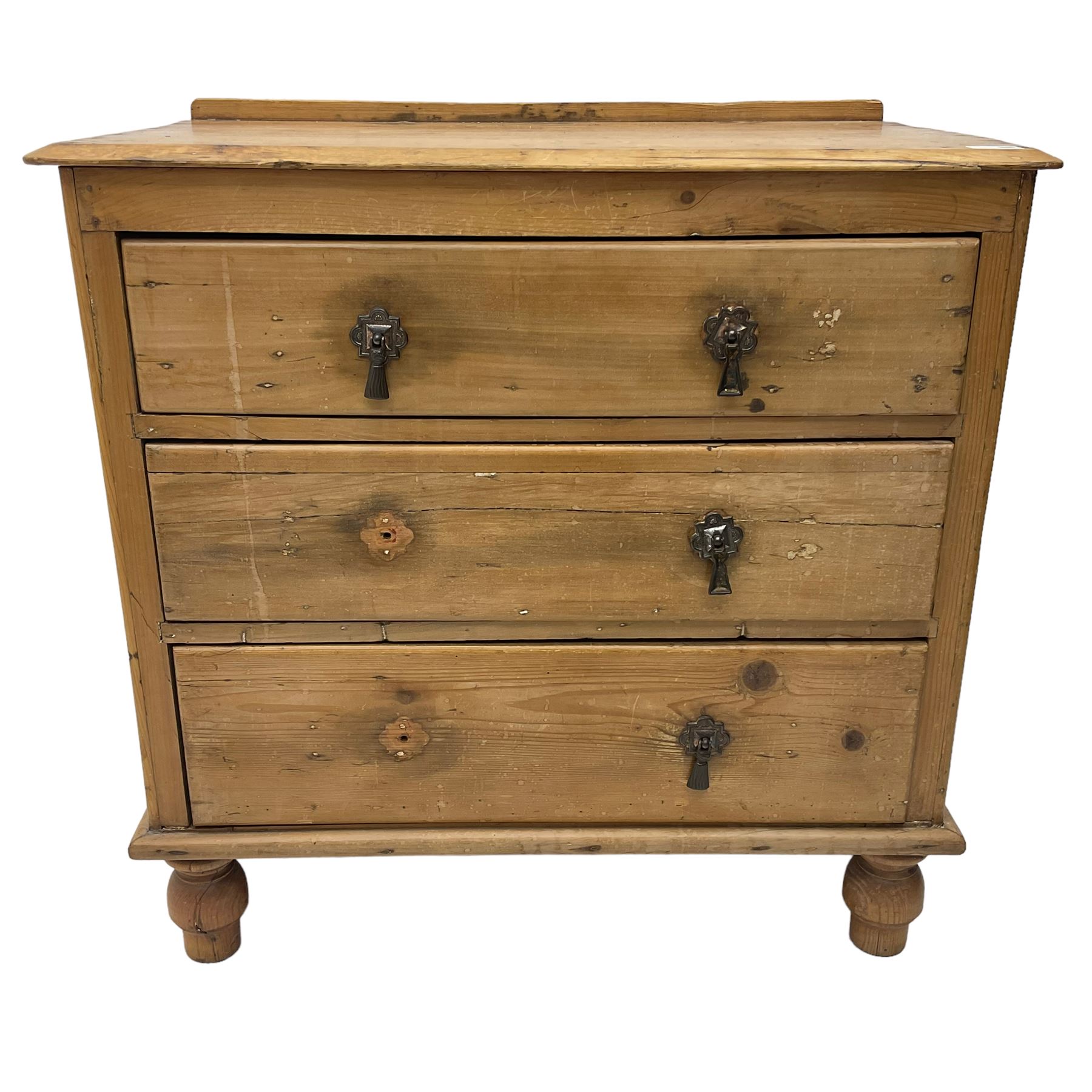 Victorian stripped pine chest, fitted with three drawers and raised on turned feet