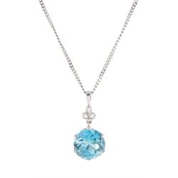 18ct white gold blue zircon and round brilliant cut diamond pendant necklace, hallmarked, ...