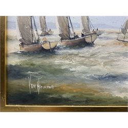 Ken Hammond (British 1948-): 'Fishing Fleet at Newlyn' and 'Fishing Fleet Leaving Whitby', pair oils on canvas signed, titled verso 29cm x 39cm (2)