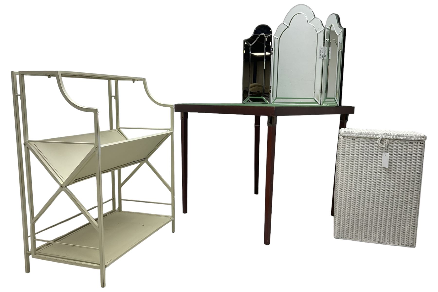 White finish wrought metal magazine shelving unit (W62cm, H80cm, D38cm); folding bridge table with baize lined top; white painted wicker linen bin; bevelled triple mirror back 