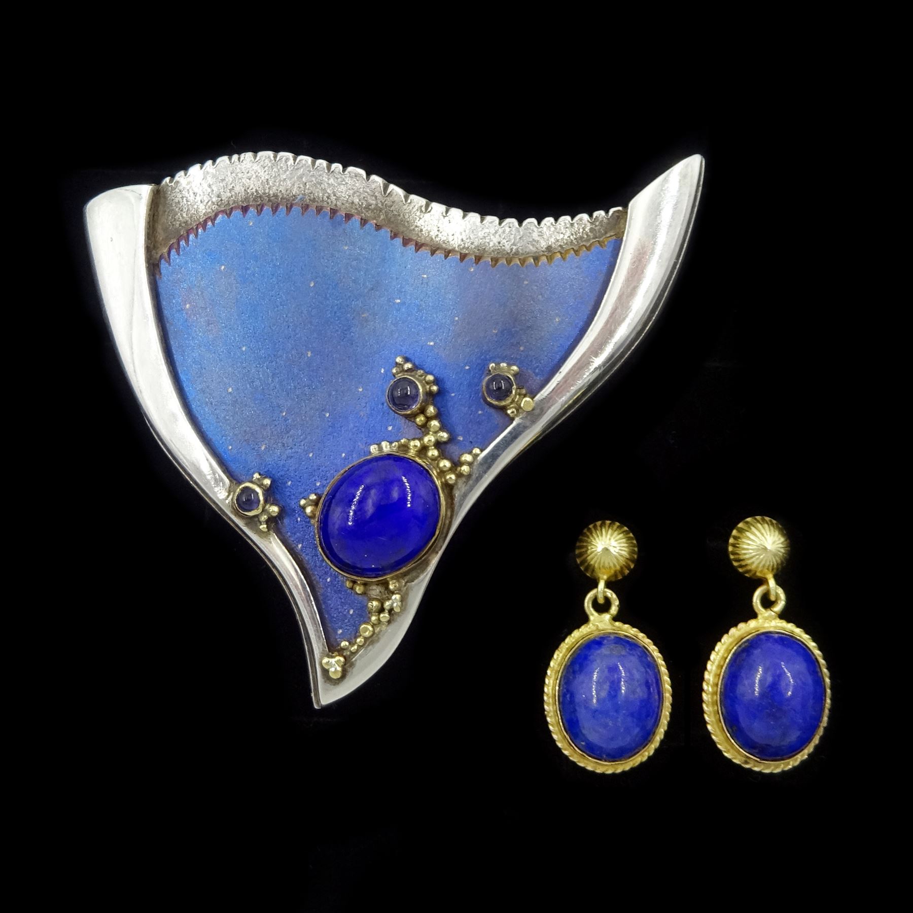 Pair of gold lapis lazuli pendant stud earrings and a silver lapis lazuli abstract pendant / brooch