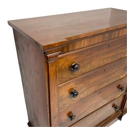 Victorian mahogany straight fronted chest, fitted with four drawers enclosing by square upright pilasters, on stepped chamfered plinth base