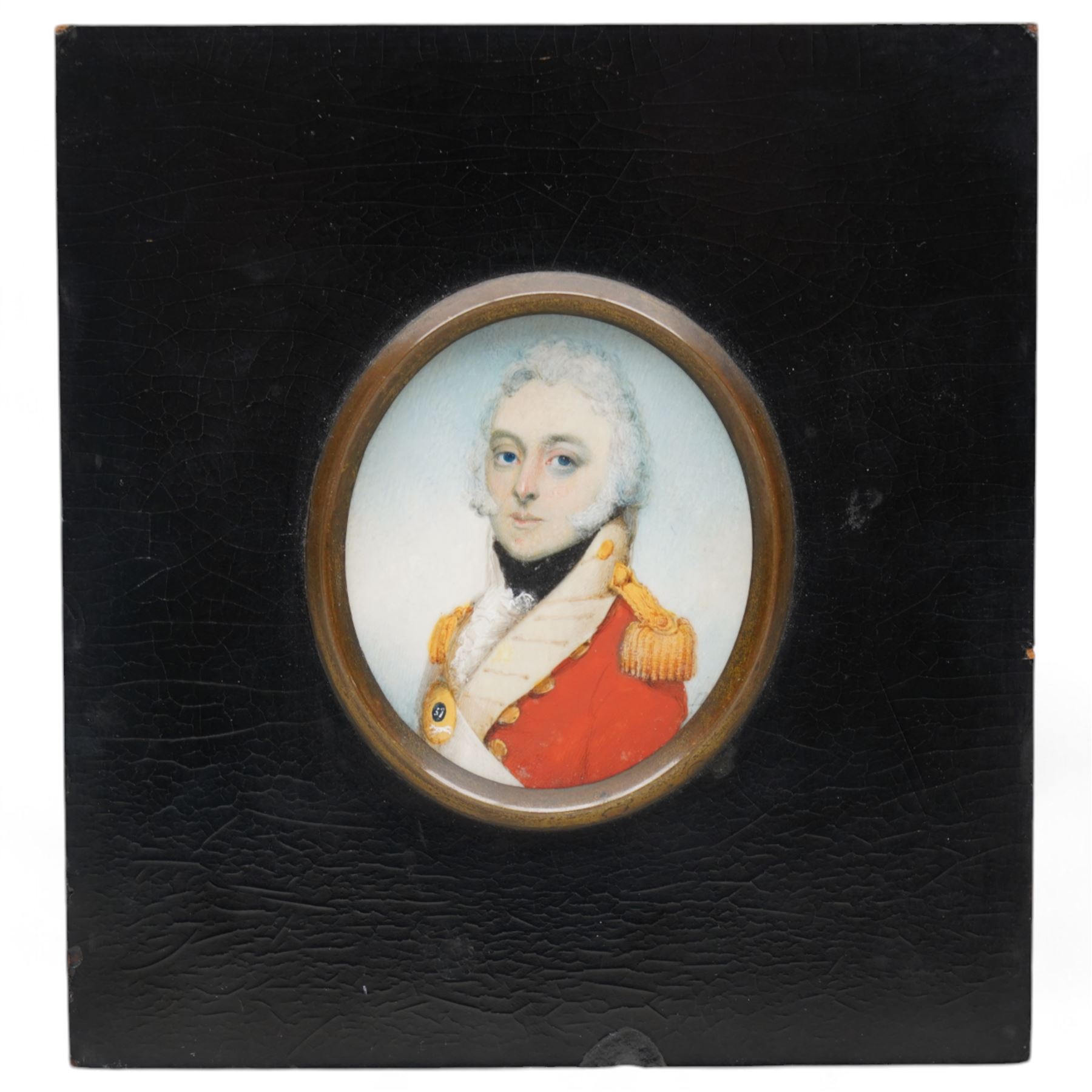 Circle of Henry Bone (British 1755-1834): Portrait of 'General William Tayler' Colonel of 24th regiment 1793, A.D.C. and equerry to King George III, miniature watercolour on ivory signed with initials 'H.B.', inscribed verso, 7cm x 6cm, in ebonised frame stamped A & N C.S.L. This item has been registered for sale under Section 10 of the APHA Ivory Act