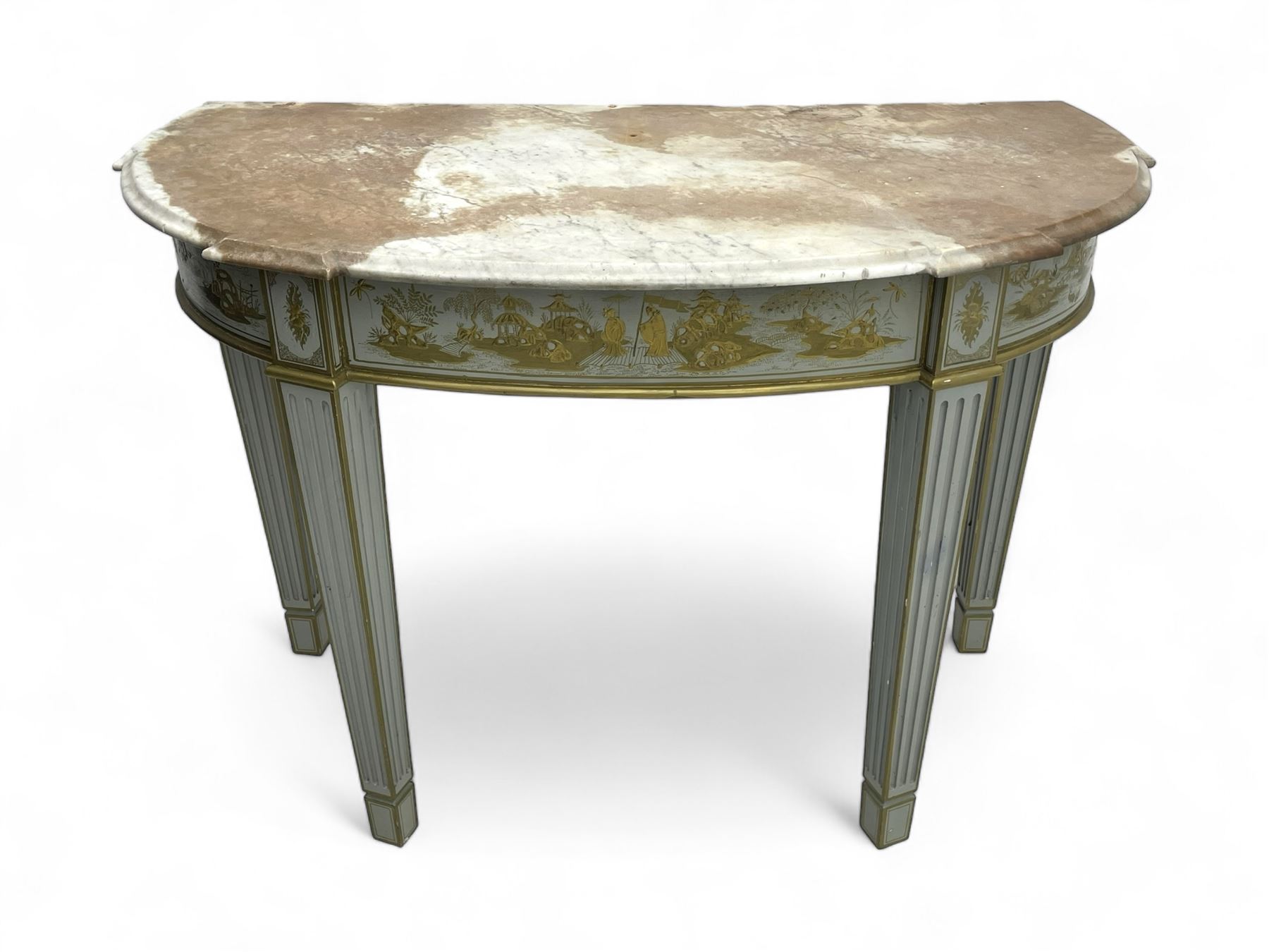 Late 20th century grey painted and Chinoiserie decorated demi-lune console table, moulded variegated marble top, the frieze rails decorated with traditional pagoda scenes in raised gilt work, on square tapering fluted supports 