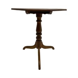 19th century walnut tripod table, square canted tilt-top with chamfered edge, turned pedestal with three splayed supports