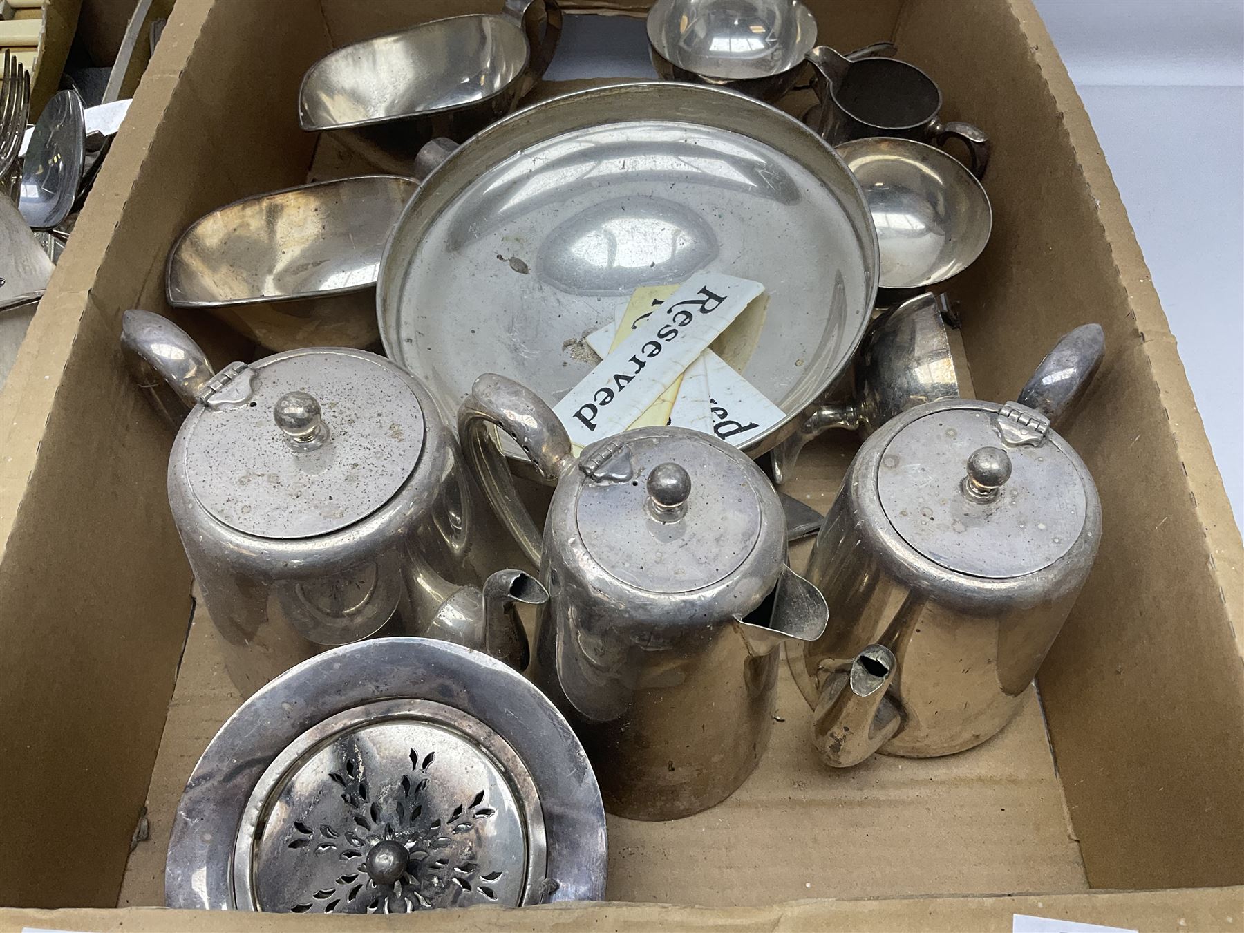 Wilson Line engraved silver plate, to include napkin holder, sauce boats, milk jugs etc, together with flatware, in two boxes  