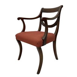 Set of six (4+2) George III design mahogany dining chairs, curved reed moulded bar back over curved and reeded middle rail, upholstered in red fabric with repeating pattern, on moulded sabre supports 