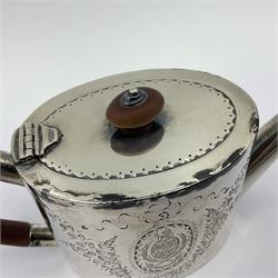 George III silver bachelors teapot, of oval form with wooden scroll handle and finial, the body chased with armorial crest and ribbon swag and foliate detail, hallmarked Samuel Godbehere & Edward Wigan, London 1793, including handle H9cm