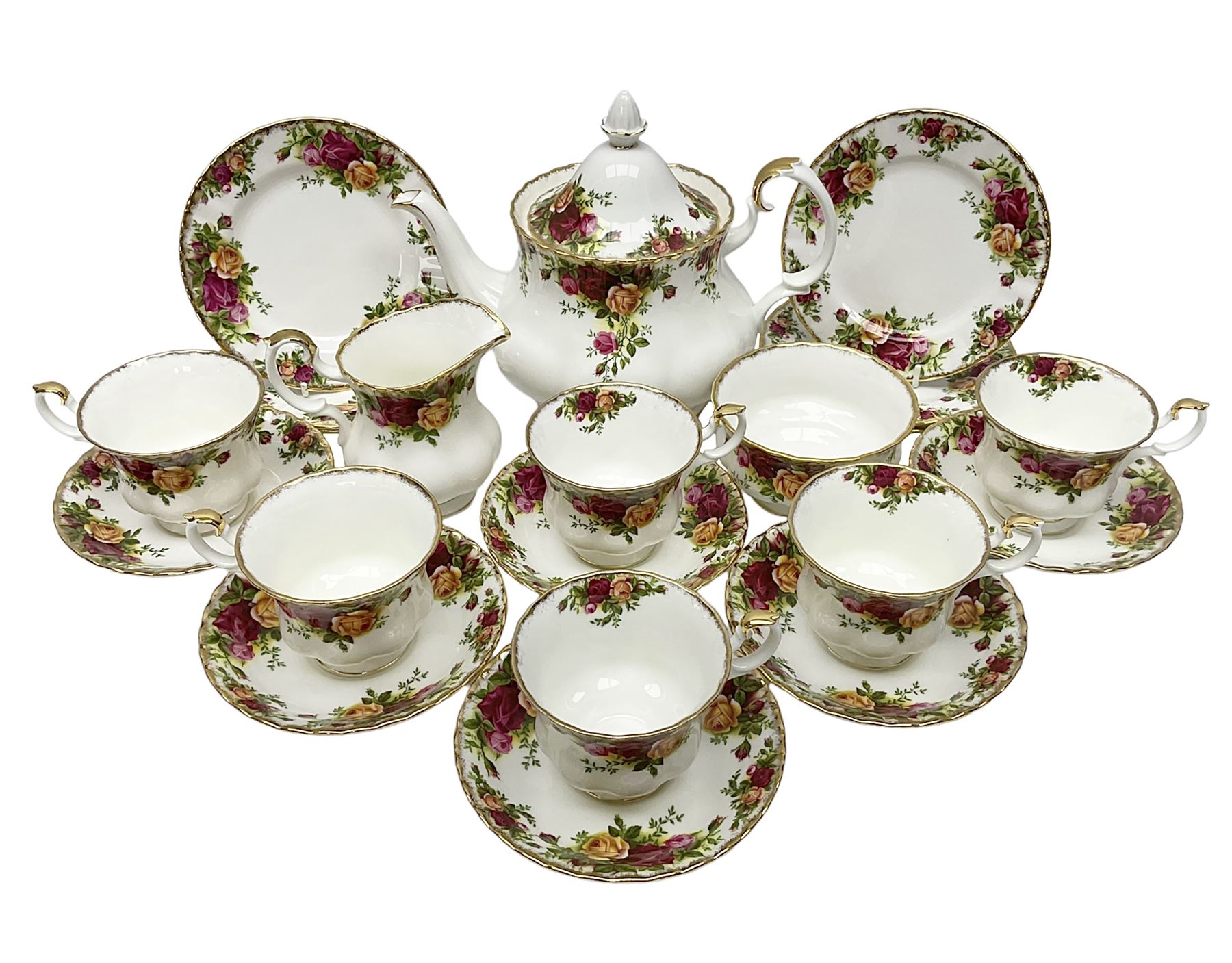 Royal Albert Old Country Roses pattern tea set for six, comprising teapot, milk jug, open sucrier, dessert plates, cups and saucers (21)