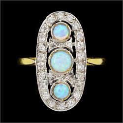 Silver-gilt three stone opal and cubic zirconia cluster ring, stamped Sil