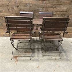 Painted metal and hardwood slatted rectangular garden table and four folding chairs