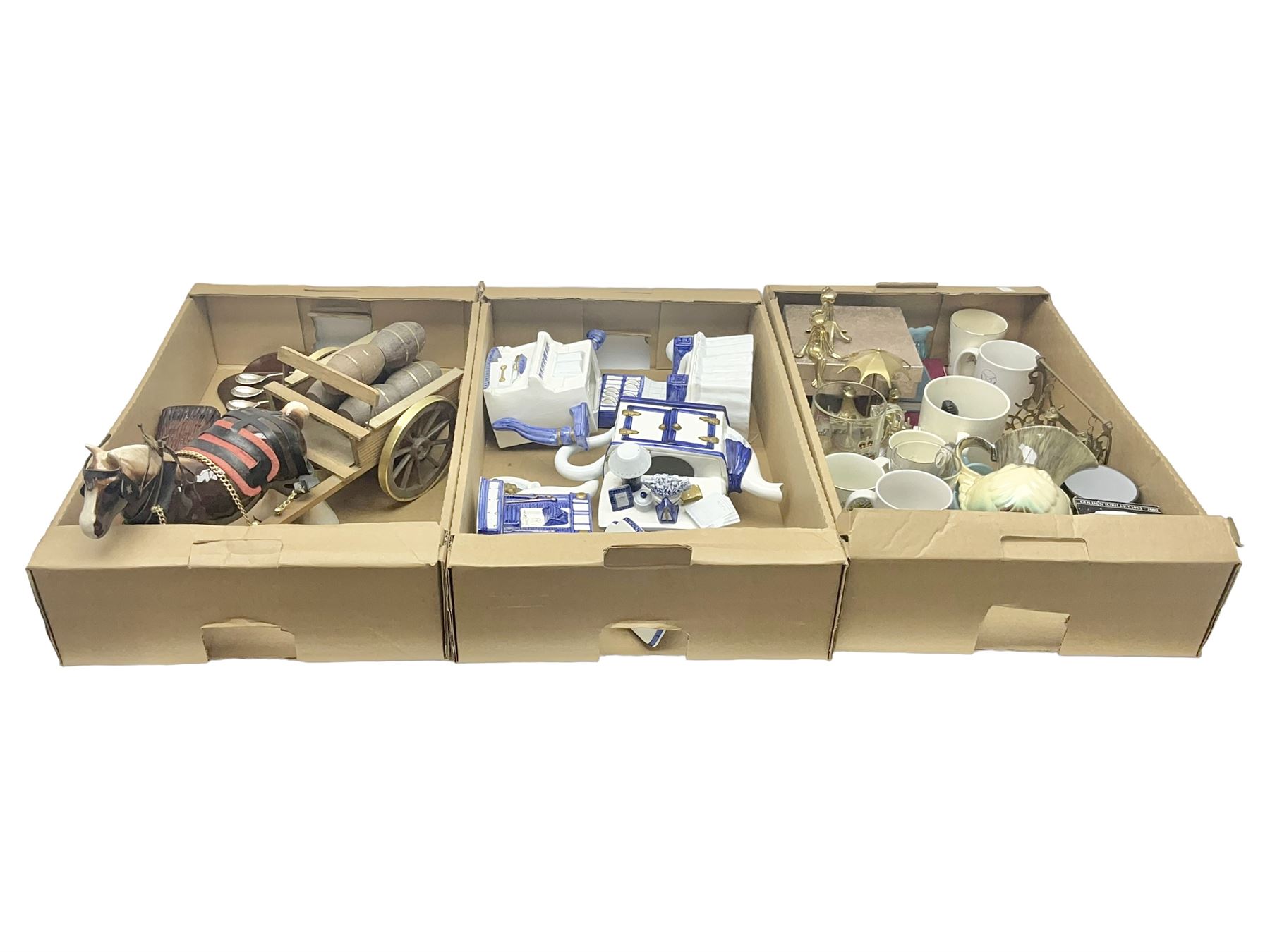 Commemorative ware, including mugs, shots glasses, plates and book etc, together with a ceramic shire horse and wooden cart, four Leonardo blue and white tea pots, and a collection of other ceramics and glassware, in three boxes 