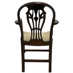 Pair of Georgian design mahogany D-end tables, reeded edge over banded frieze, on square tapering supports; with set of four (3+1) Hepplewhite design mahogany dining chairs, elaborately pierced and carved splat with festoons over dished seat, on fluted supports (W63cm H98cm)