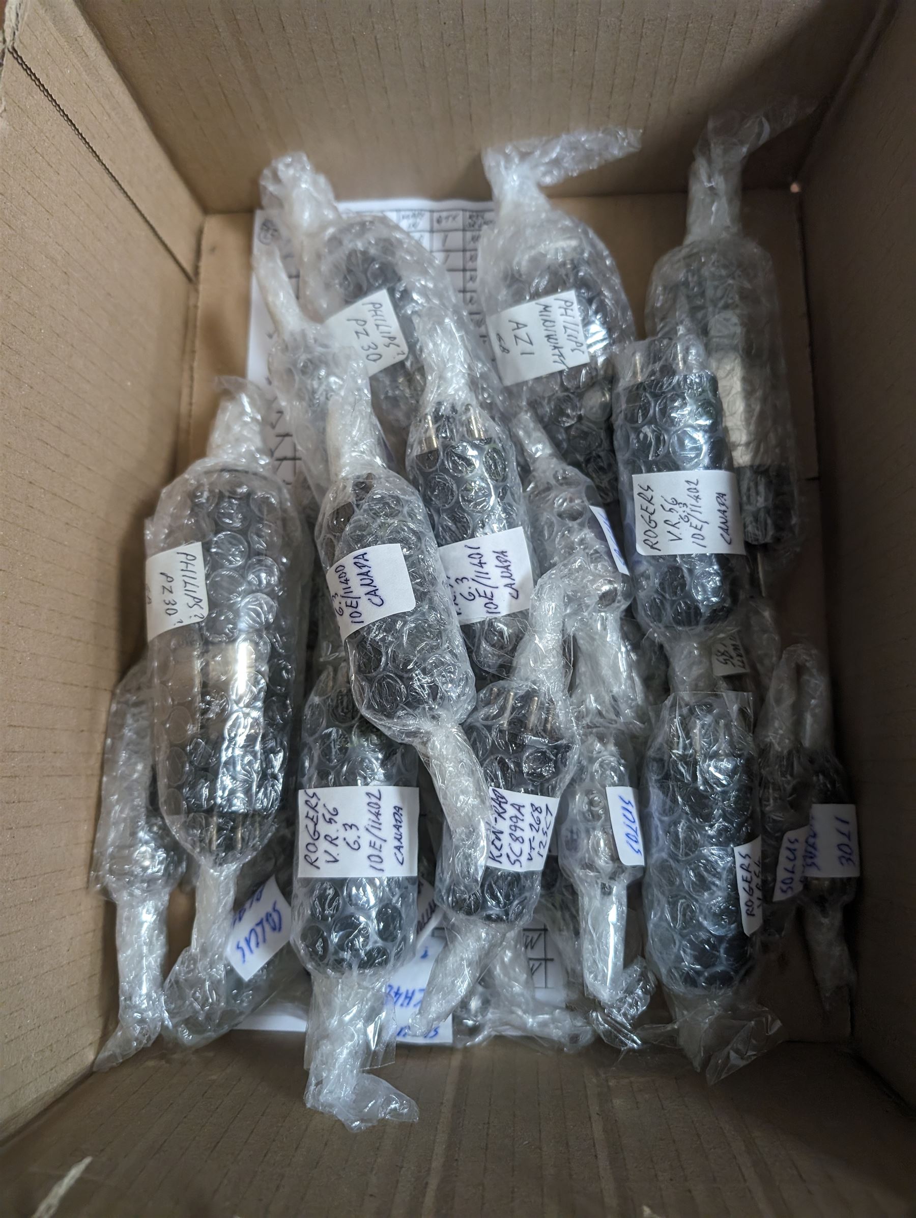 Large collection of thermionic valves/vacuum tubes by various makers, including Brimar, Marconi and Ferranti, some boxed and some bubble wrapped identified examples 