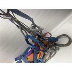 Collection of 1960s/70s climbing equipment including two original Hamish McInnes Pterodactyl ice axes, Joe Brown helmet, carabiners, ropes and wires etc