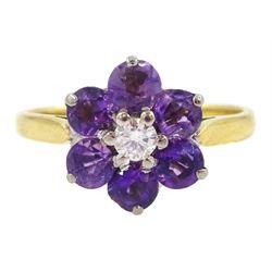 Gold round cut amethyst and round brilliant cut diamond flower head cluster ring, stamped 18ct