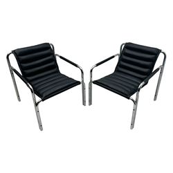 Baroumand Designs - pair of mid 20th century modernist armchairs, slung black leather seat with horizontal channel tufting, tubular chrome frame with curved arms, raised on tubular supports