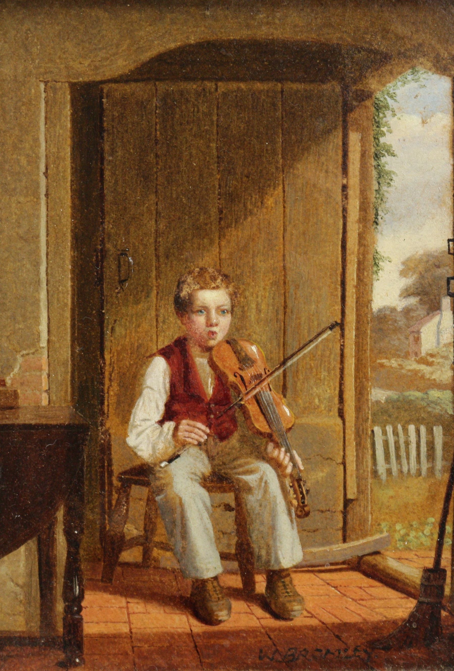 William Bromley III (British fl.1835-1888): The Little Violin Player, oil on board signed, indistinctly inscribed verso 17cm x 12cm