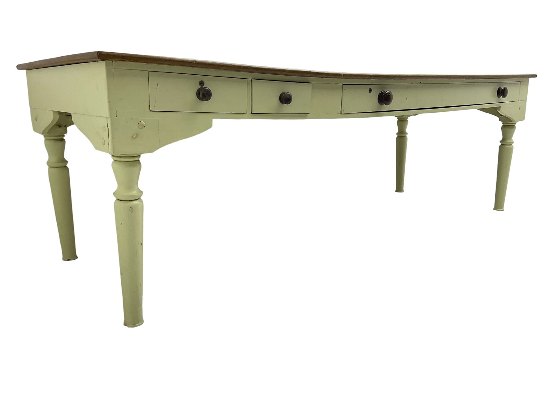 Large 20th century farmhouse style dining table, rectangular oak top on pale green painted base fitted with drawers, on turned supports