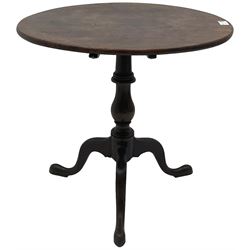 19th century mahogany tripod table, circular tilt-top on vasiform pedestal with three splayed supports 