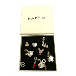 Ten silver Pandora charms, including Mickey Mouse, Pudsey Bear etc, all stamped S925 ALE, ...