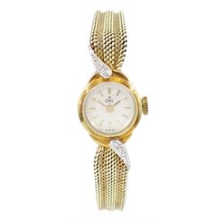 Ebel ladies 14ct gold manual wind diamond wristwatch, silvered dial with baton hour marker...