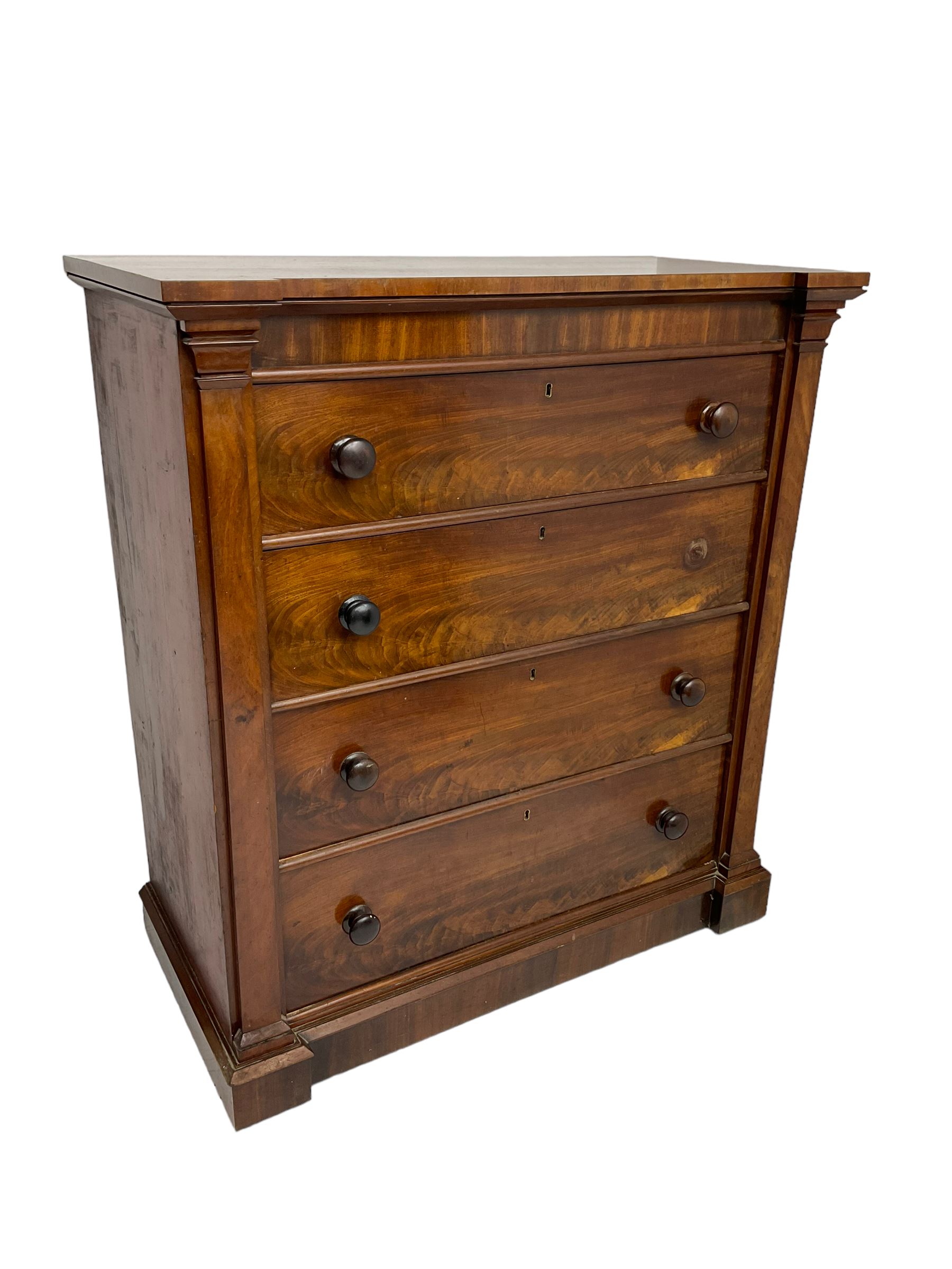 Victorian mahogany straight fronted chest, fitted with four drawers enclosing by square upright pilasters, on stepped chamfered plinth base