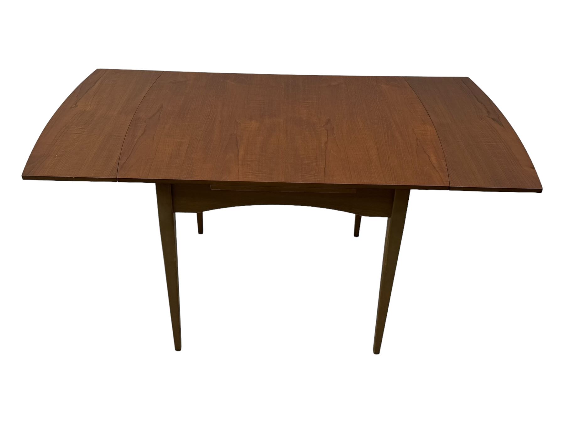 Mid-20th century teak dining table, draw-leaf action extending top, on square tapering supports (98cm - 148cm x 76cm, H75cm); and a set of three dining chairs 