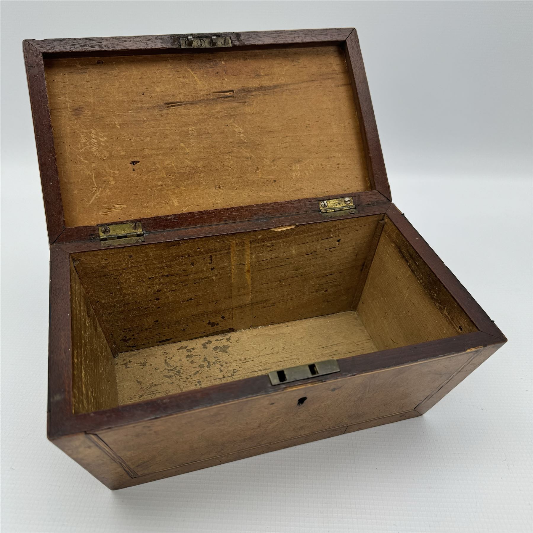 Late Georgian burr walnut sarcophagus shape tea caddy W26cm and a mahogany caddy of serpentine outline W12cm