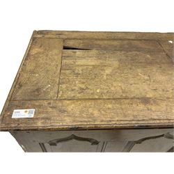 Georgian oak converted mule chest, rectangular plank top over two cupboards with arched Gothic motif panels enclosing storage area with shelves, the base with three drawers with pull handles, on shaped bracket feet