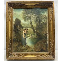 Victor Boutellier (French 19th Century): Young Lady by a Forest Pool, oil on canvas signed 38cm x 30cm 