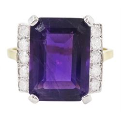 18ct gold amethyst and diamond ring, emerald cut amethyst, with five round brilliant cut diamonds set either side, hallmarked, amethyst approx 7.20 carat