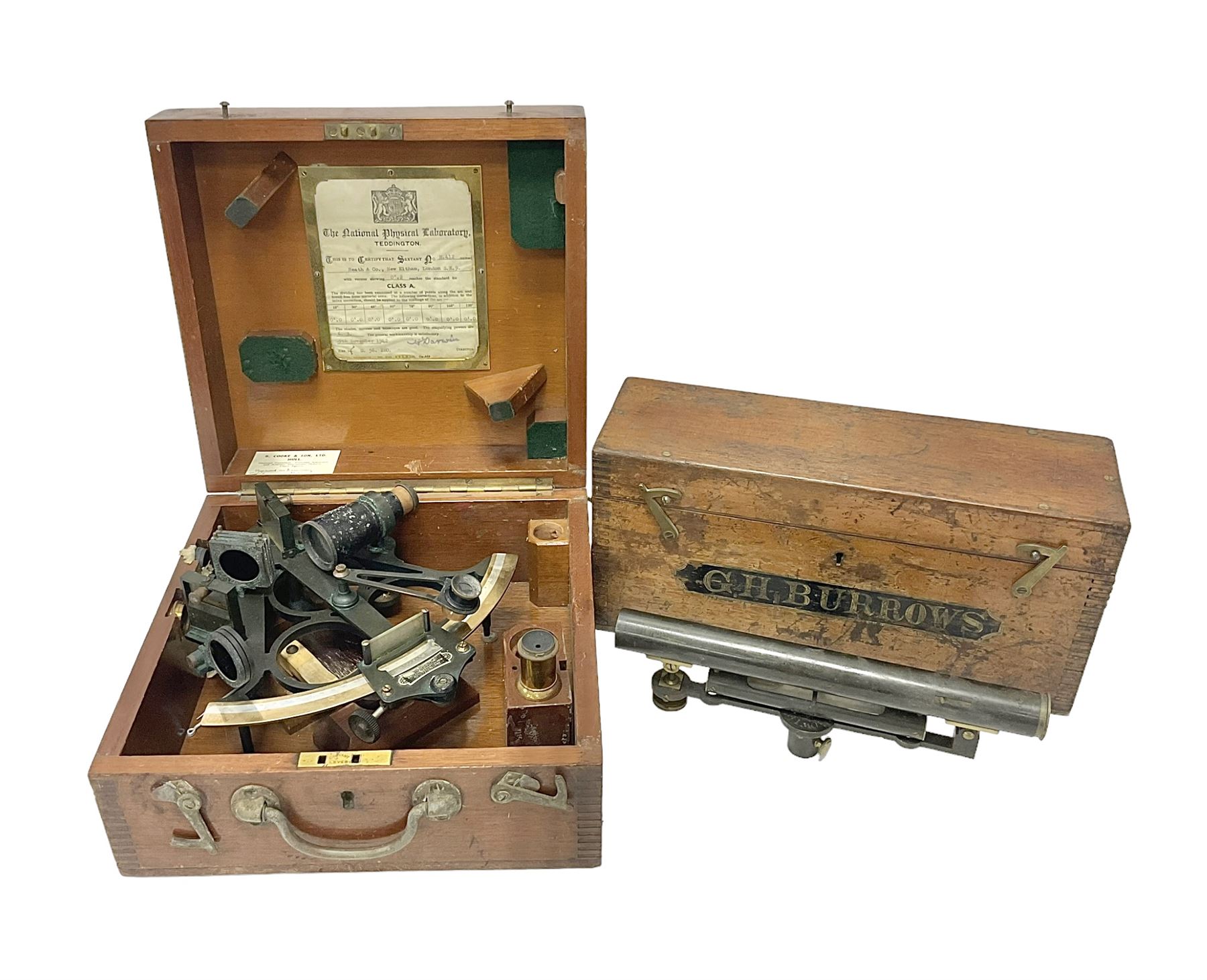 1940s Heath & Co brass and copper 'Hezzanith' sextant No. H412, in original oak carrying case, the inside lid with examination certificate dated 1942, together with a patinated brass miners level, in wooden box inscribed G.H Burrows