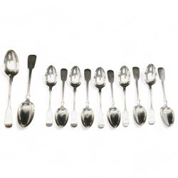 Ten Victorian silver fiddle pattern dessert spoons, various dates and makers and a pair of...