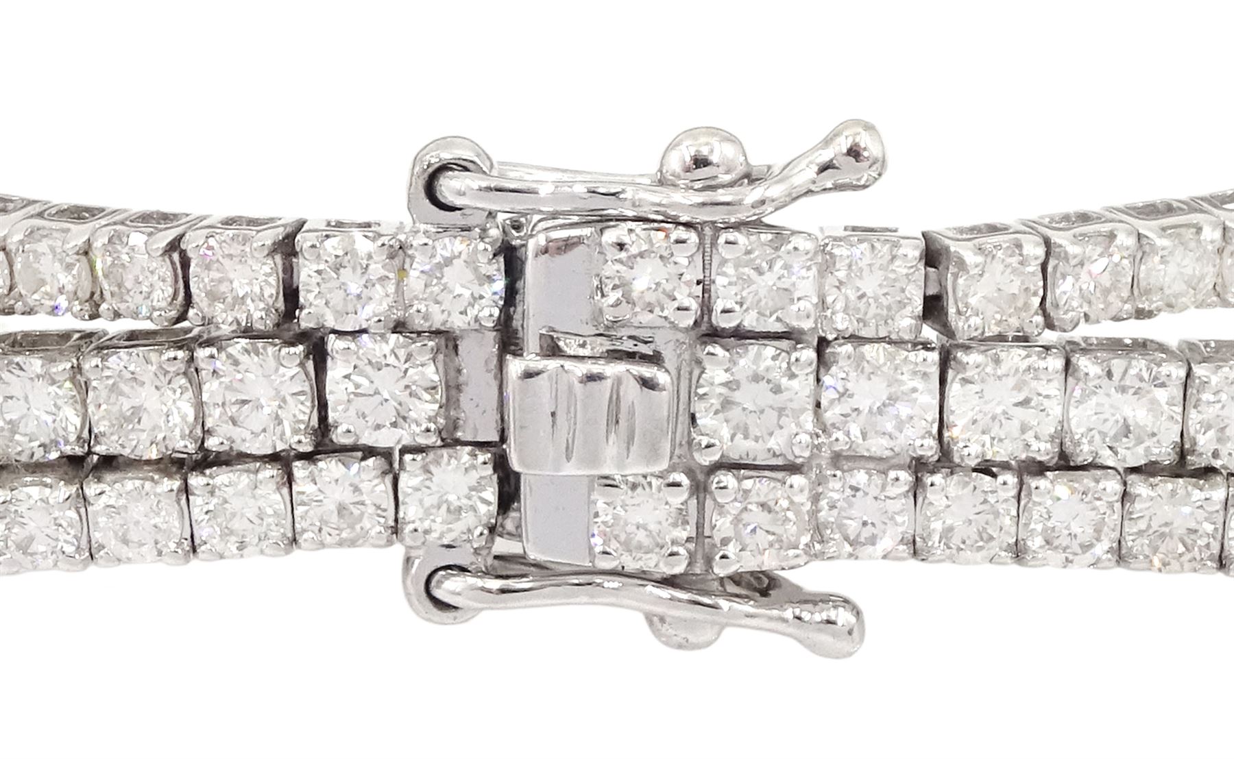 18ct white gold three row round brilliant cut diamond bracelet, stamped, total diamond weight approx 7.70 carat