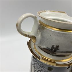 Two 19th century continental teapots and warmers, each teapot upon a cylindrical warming base in the form of a castle, hand printed with winter landscapes, largest H22cm 