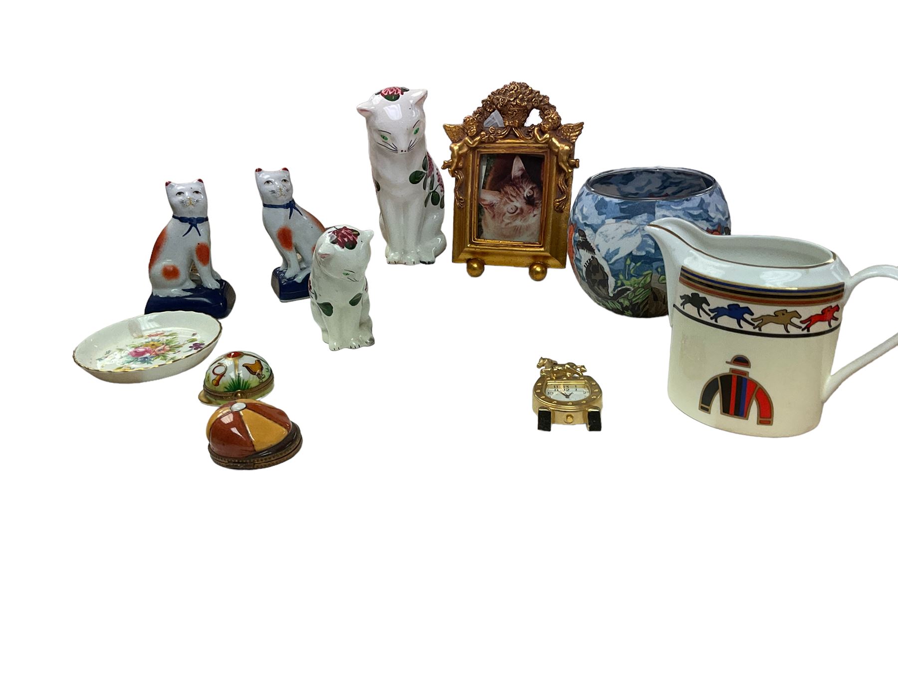 Pair of Staffordshire style cats, together with two other ceramic cat, milk jug and other collectables 