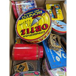 Collection of vintage tins and boxes, including advertising examples