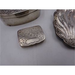 Modern silver oval box, decorated to the removable cover with an owl on a branch, hallmarked London 1984, makers mark KB, together with a modern silver pin tray of scrolling lobed form, hallmarked 1992, makers mark EM, and an early 20th century silver pill box, hallmarked Adie & Lovekin Ltd, Birmingham 1910, oval box H2.2cm, W6.5cm