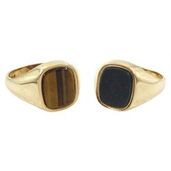 Gold bloodstone signet ring and a gold tiger's eye signet ring, both hallmarked 9ct