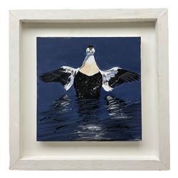 Peter Dworok (British 1950-): 'Rydale' 'Robin Hood's Bay' and 'Towards Thimbley', four oils on board unsigned, variously titled verso together with a portrait of an eider, unsigned max 29cm x 28cm (5)