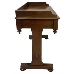 Victorian mahogany washstand, three-quarter raised gallery back, rectangular top with over two drawers, on shaped end supports united by ring-turned stretcher