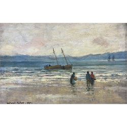 Alexander Wellwood Rattray (Scottish 1849-1902): Boats at Arran, oil on canvas signed 18cm x 26cm