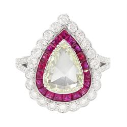 18ct white gold diamond and ruby cluster ring, the principal pear rose cut diamond of appr...